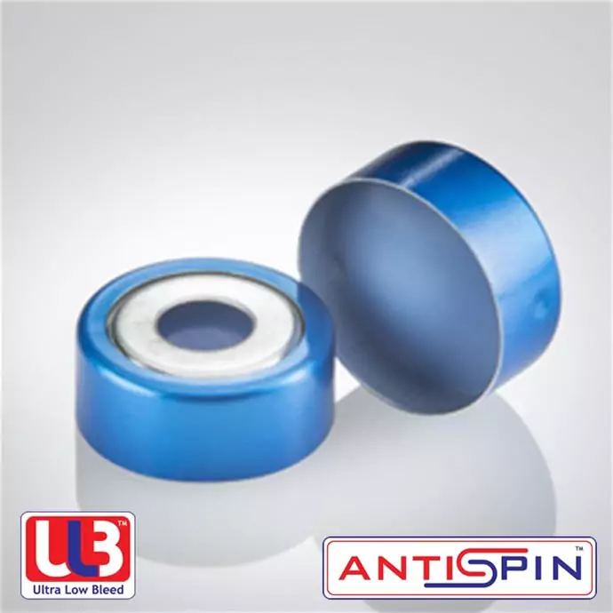 20mm Blue Bimetal Magnetic crimp cap with Blue Silicone or Clear PTFE septa Ultra Low Bleed (ULB) (0.125 Thickness)